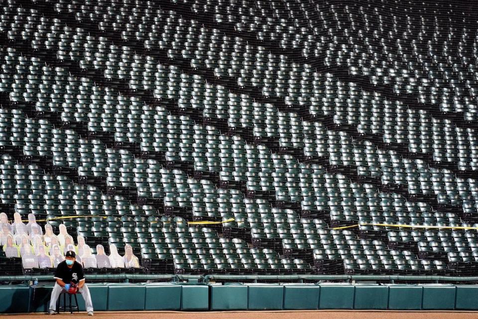 <p>A general view of Guaranteed Rate Stadium is seen with empty fan seats and fan cutouts during an exhibition game between the Chicago White Sox and the Milwaukee Brewers at Guaranteed Rate Field on July 22, 2020 in Chicago, IL.</p>
