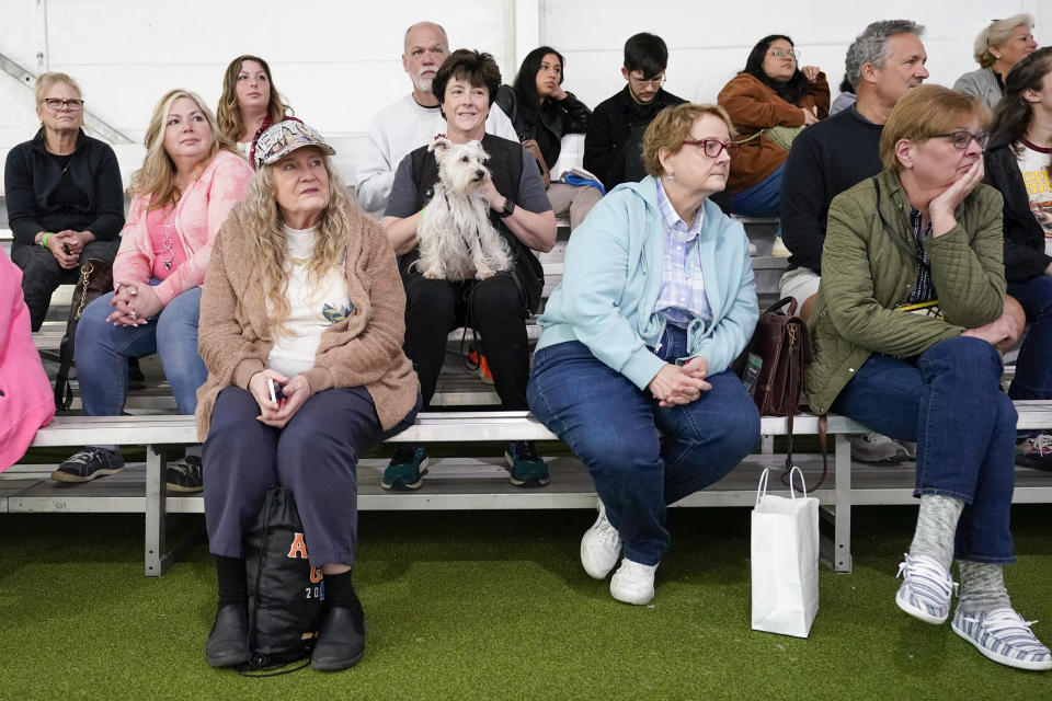 Tracy Adair, from Auburn Alabama, and her dog Sophie, a miniature schnauzer, watch the agility preliminaries during the 147th Westminster Kennel Club Dog show, Saturday, May 6, 2023, at the USTA Billie Jean King National Tennis Center in New York. (AP Photo/Mary Altaffer)