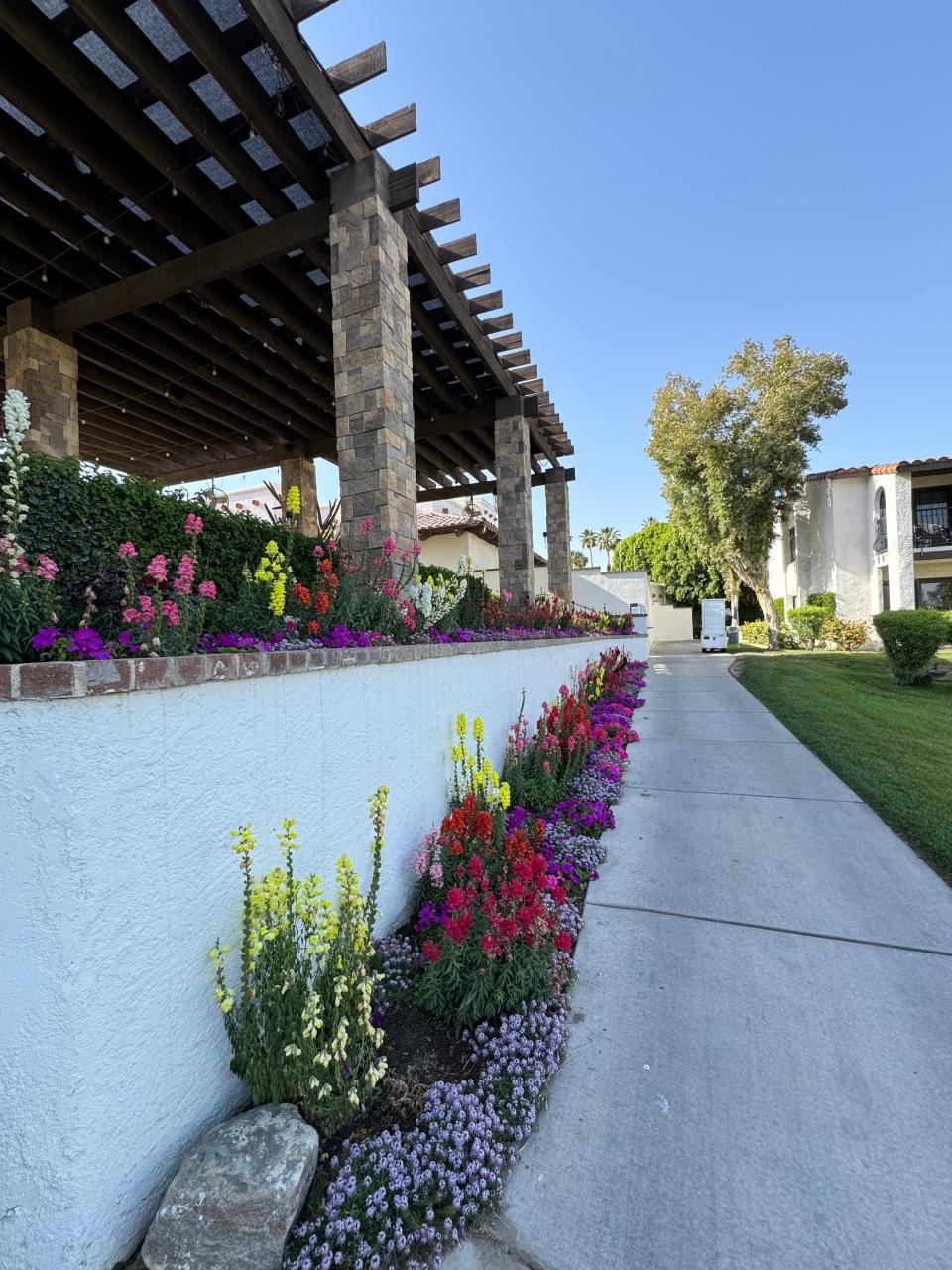 Pergola over walkway with vibrant flowerbeds on either side in a sunny resort setting