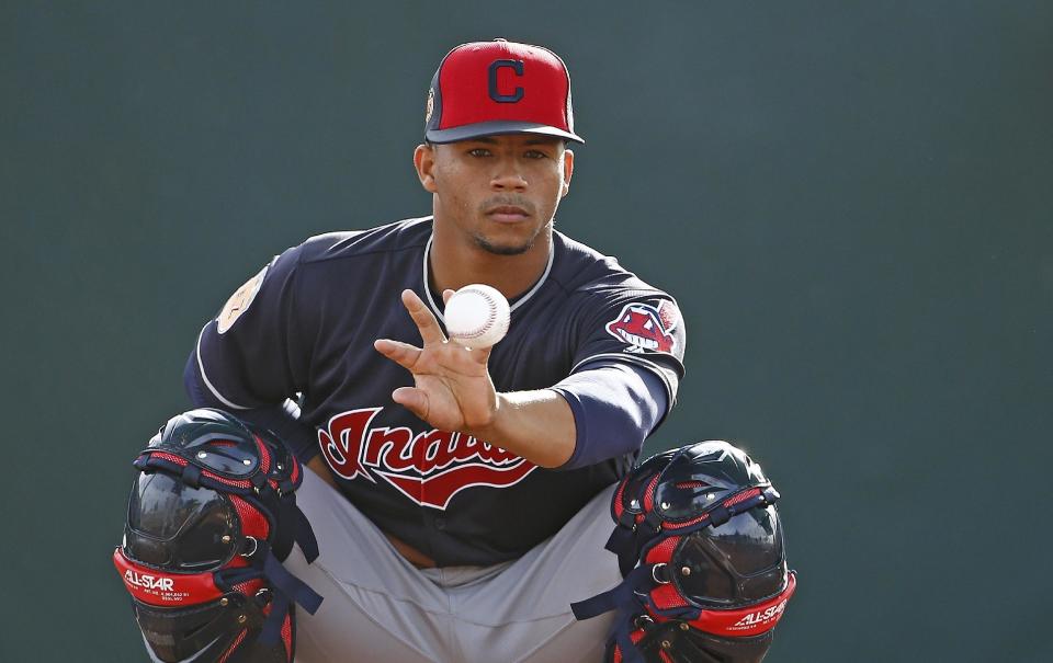 Cleveland Indians catcher Francisco Mejia works on catching drills at the Indians baseball spring training facility Tuesday, Feb. 14, 2017, in Goodyear, Ariz. (AP)