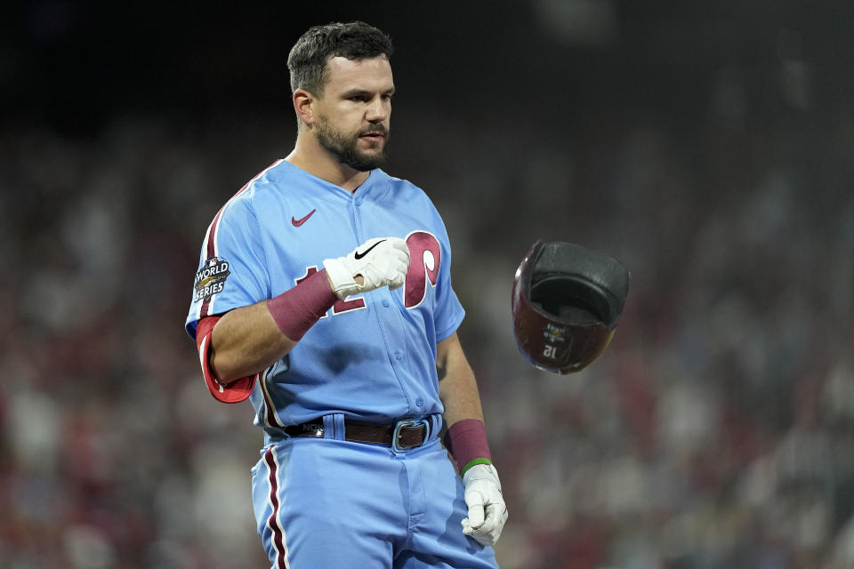 Philadelphia Phillies' Kyle Schwarber reacts after grounding out to end the sixth inning in Game 5 of baseball's World Series between the Houston Astros and the Philadelphia Phillies on Thursday, Nov. 3, 2022, in Philadelphia. (AP Photo/David J. Phillip)