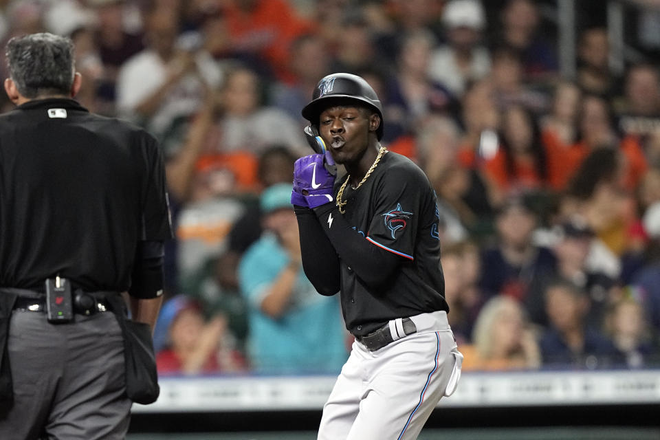 Miami Marlins' Jazz Chisholm Jr. celebrates after hitting a two-run home run against the Houston Astros during the fifth inning of a baseball game Friday, June 10, 2022, in Houston. (AP Photo/David J. Phillip)