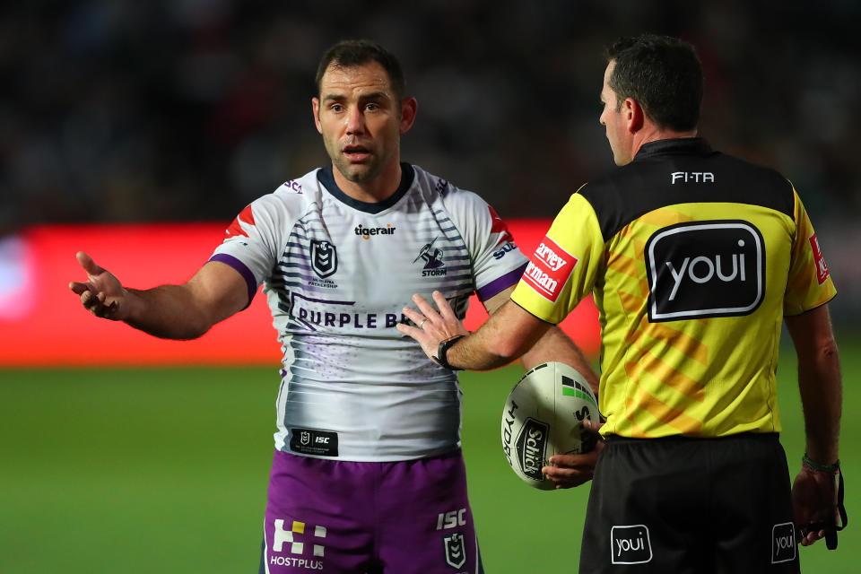 Cameron Smith of the Melbourne Storm looks confused as he talks to the referee.