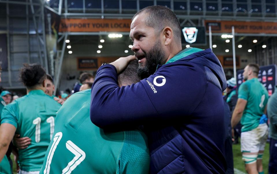 Coach Andy Farrell of Ireland celebrates the win with Cian Healy during the International Test match between the New Zealand All Blacks and Ireland at Forsyth Barr Stadium - Hagen Hopkins/Getty Images
