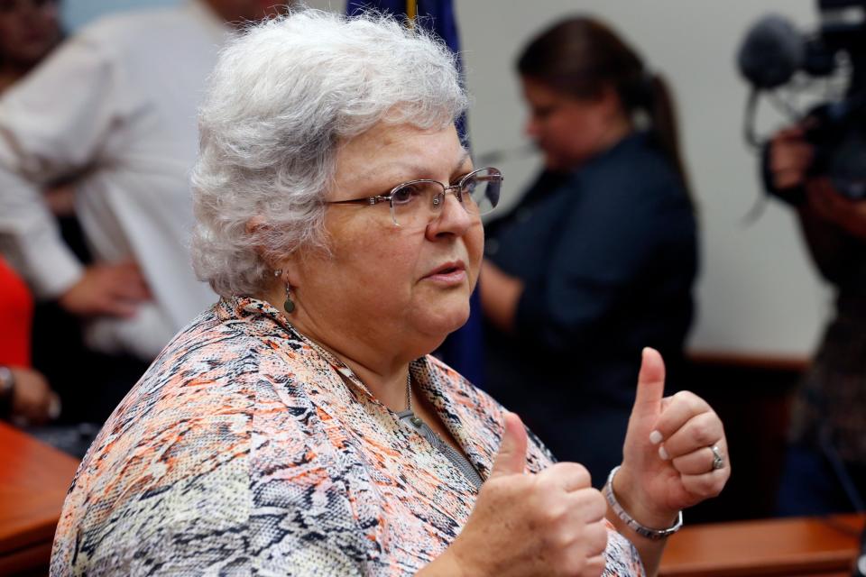 Susan Bro, mother of Heather Heyer, gives a thumbs up to the press after the sentencing of James Fields. (AP)