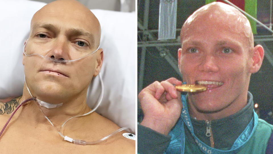 Former Olympic champion Michael Klim is recovering from surgery to remove a cyst from his throat at the Chris O'Brien Lifehouse, a cancer treatment centre in Sydney's inner-west. Pictures: Instagram/Getty Images