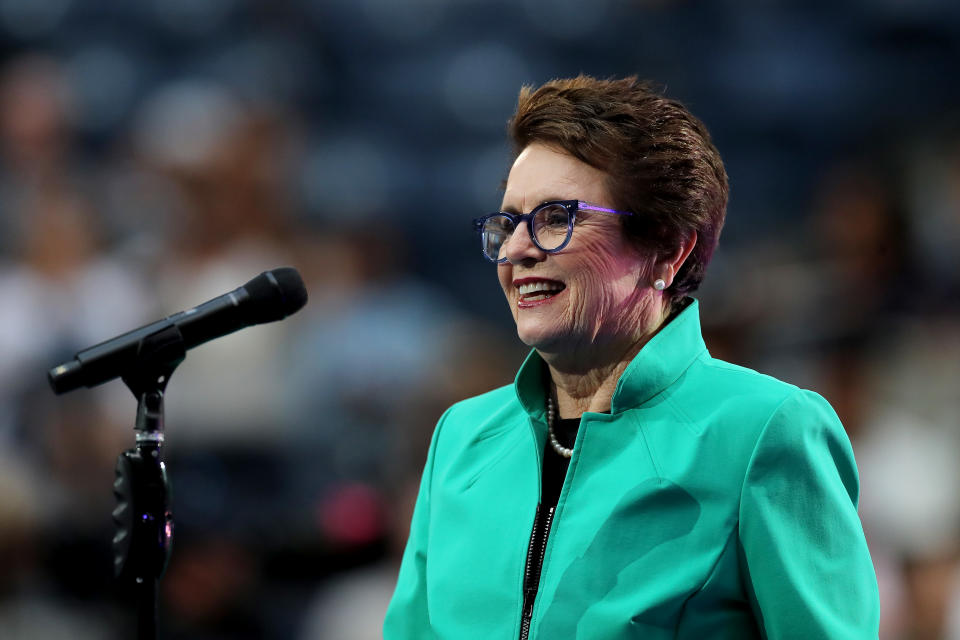 Billie Jean King speaks at opening night of the 2019 US Open.