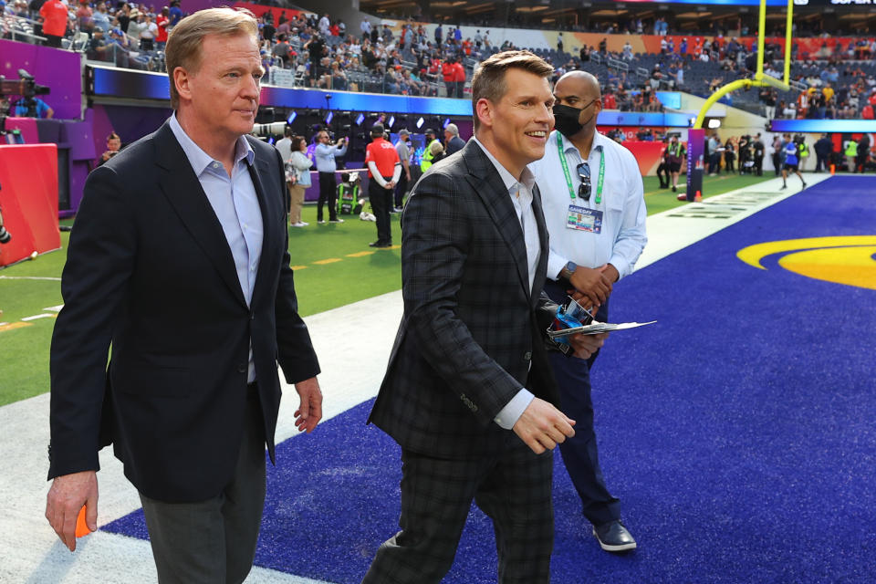 Scott Hanson, seen here with NFL commissioner Roger Goodell at Super Bowl LVI in 2022, was just as stunned as fans were at home when alarms started going off during the RedZone broadcast on Sunday afternoon.
