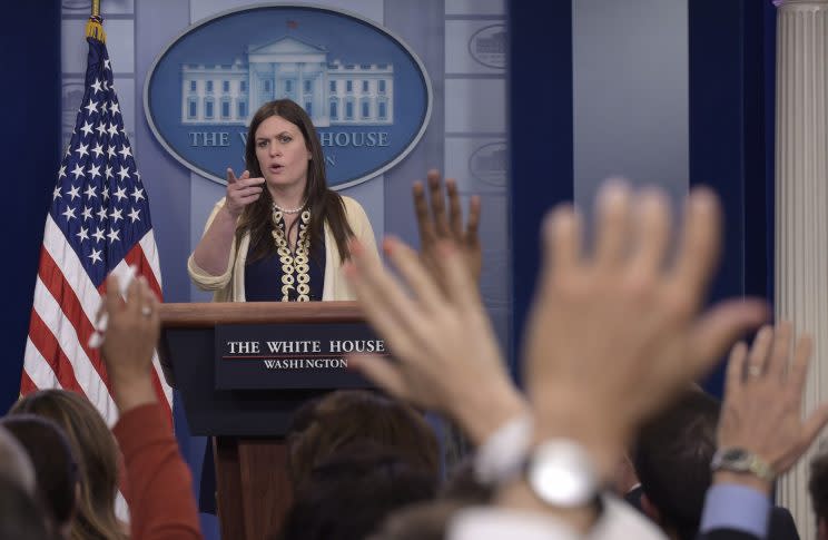 Deputy White House press secretary Sarah Huckabee Sanders speaks during the daily briefing at the White House in Washington, Wednesday, May 10, 2017.<br>(AP Photo/Susan Walsh)
