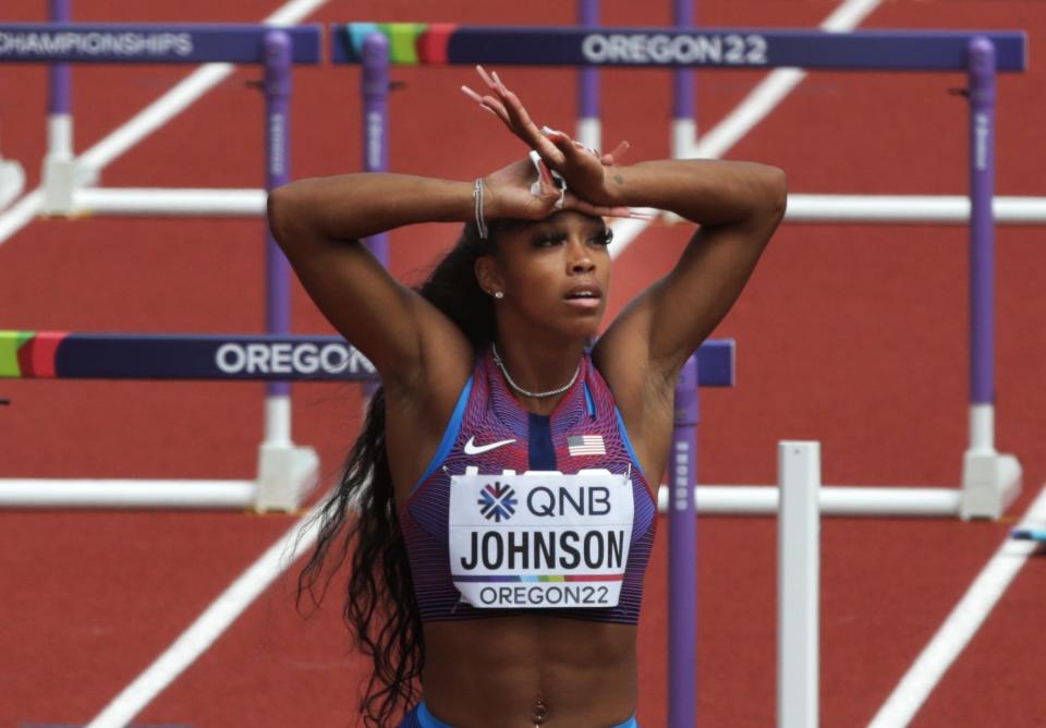 USA's Alaysha Johnson failed to advance in the women's 100 meter hurdle heats after falling on the first hurdle during day nine of the World Athletics Championships at Hayward Field in Eugene, Oregon Saturday July 23, 2022.