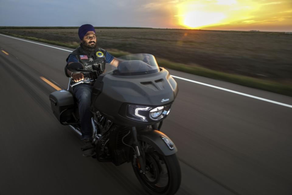 Gurdeep Singh Saggu, a member of Sikh Motorcycle Club USA, outside Garden City, Kan.