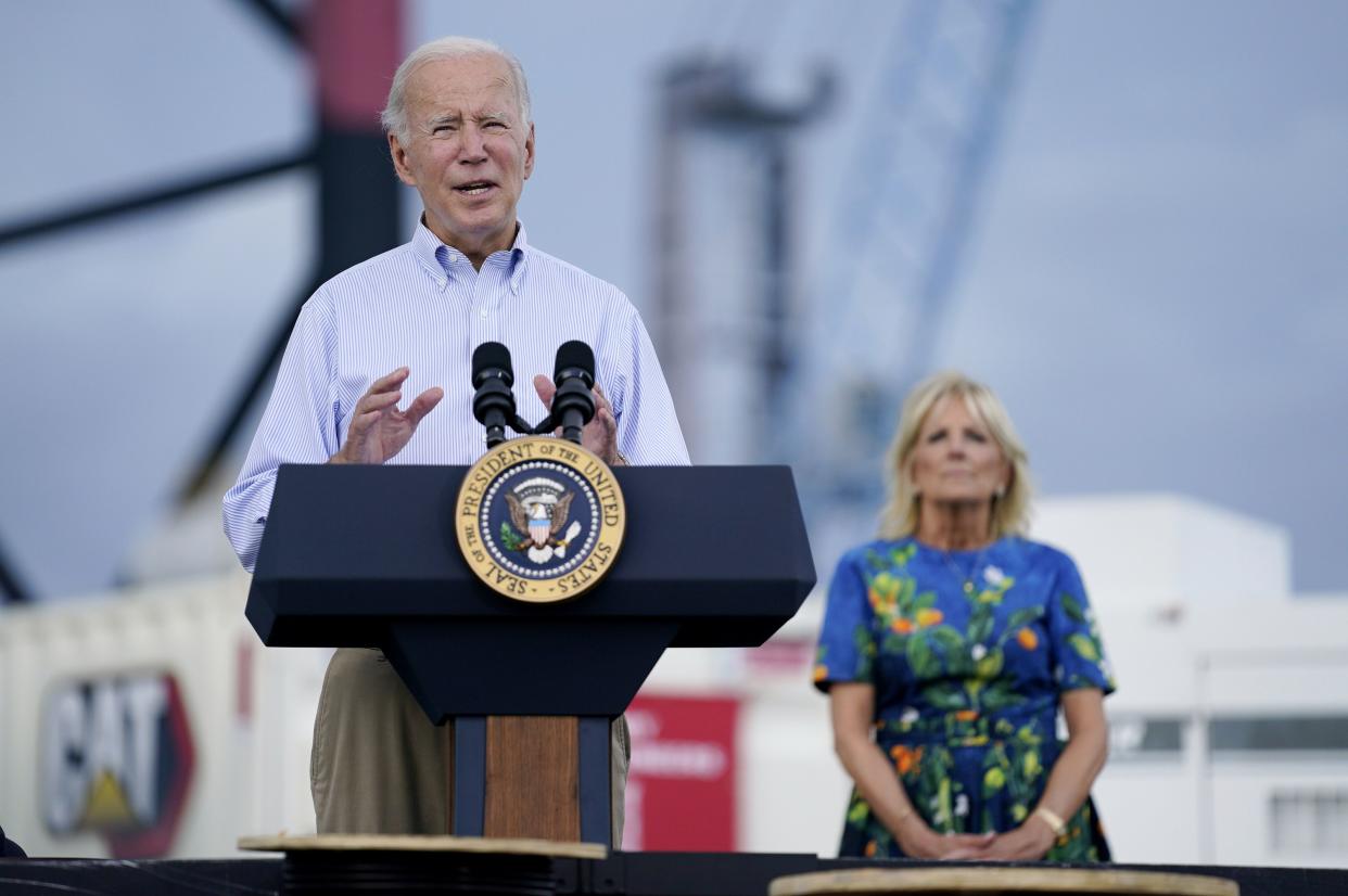 President Biden, with First Lady Jill Biden, delivers remarks on Hurricane Fiona, Monday, Oct. 3, 2022, in Ponce, Puerto Rico. 