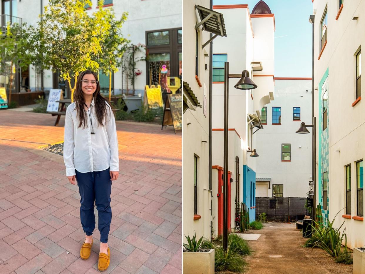 Culdesac Tempe. Left: The author stands in a courtyard with trees and picnic tables. Behind her is a white building with boutique storefronts. Right: An alleyway lined with white buildings with red trimmings