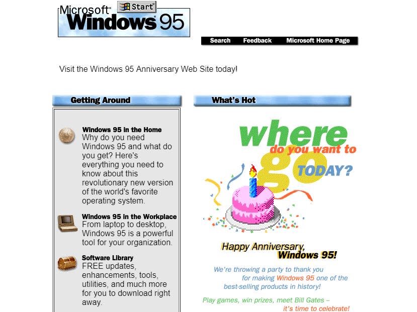 an image of a pink birthday cake and several paragaphs on the Microsoft Windows 95 website