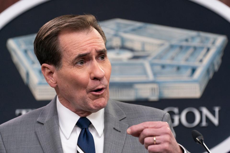 Pentagon spokesman John Kirby speaks during a briefing at the Pentagon in Washington on Monday. The Pentagon says that Defense Secretary Lloyd Austin has put about 8,500 troops on heightened alert, so they will be prepared to deploy if needed to reassure NATO allies in the face of ongoing Russian aggression on the border of Ukraine.