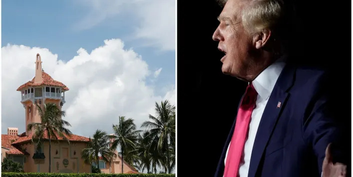 This side-by-side photo shows Mar-a-Lago, left, and Donald Trump, right.
