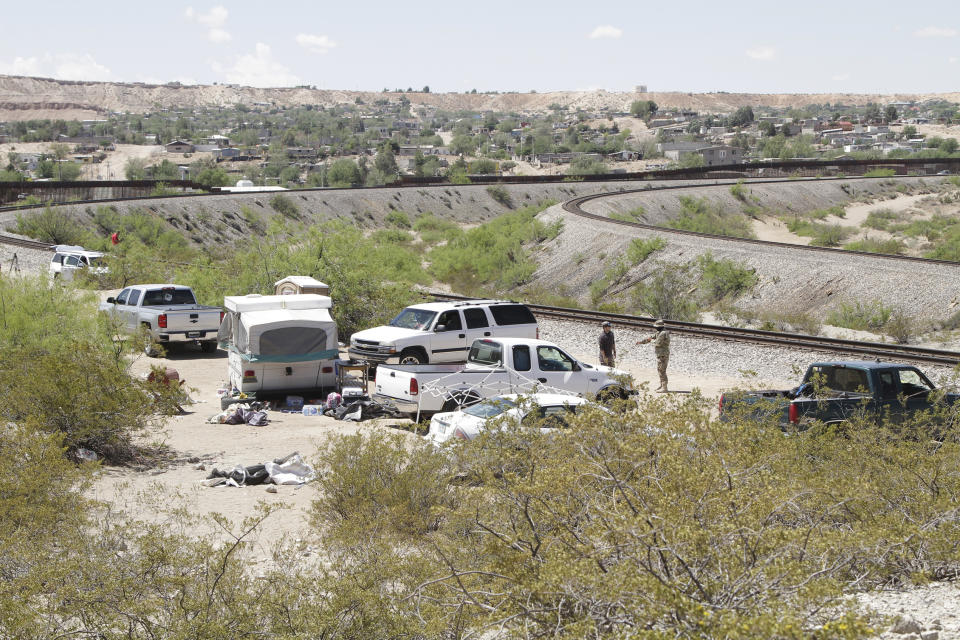 The camp of the United Constitutional Patriots, a citizen immigration patrol, sits near the U.S-Mexico border Tuesday, April 23, 2019, in Sunland Park, N.M. Members of the camp were evicted by police hours later, after a complaint that they had been trespassing on private property for around two months. (AP Photo/Cedar Attanasio)