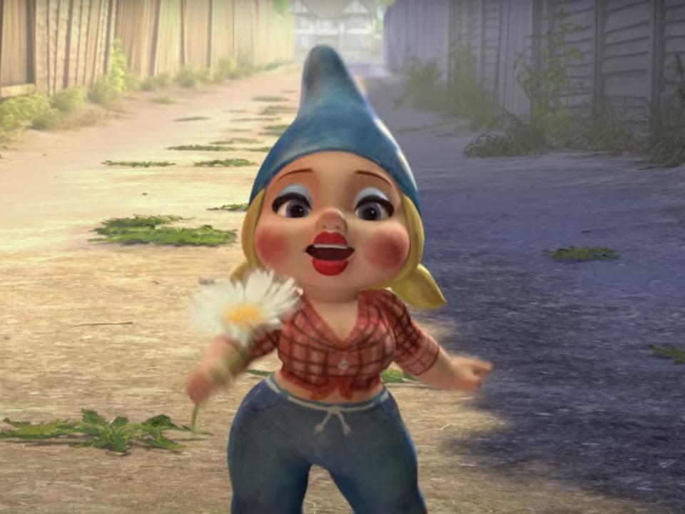 The computer-animated character Dolly Gnome dressed in a red flannel shirt in "Gnomeo and Juliet."