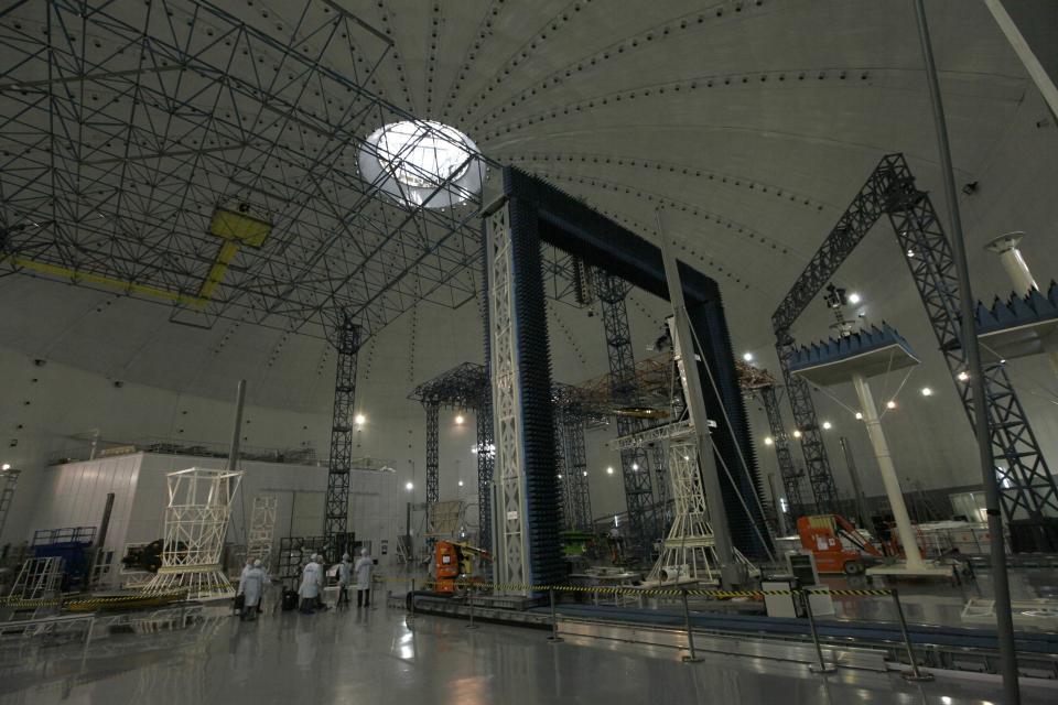 An interior view shows the large-sized transformed mechanical systems centre of the Reshetnev Information Satellite Systems company in Zheleznogorsk