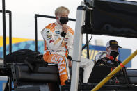 Driver Tyler Ankrum waits for the start of a NASCAR Truck Series auto race at Charlotte Motor Speedway Tuesday, May 26, 2020 in Concord, N.C. (AP Photo/Gerry Broome)