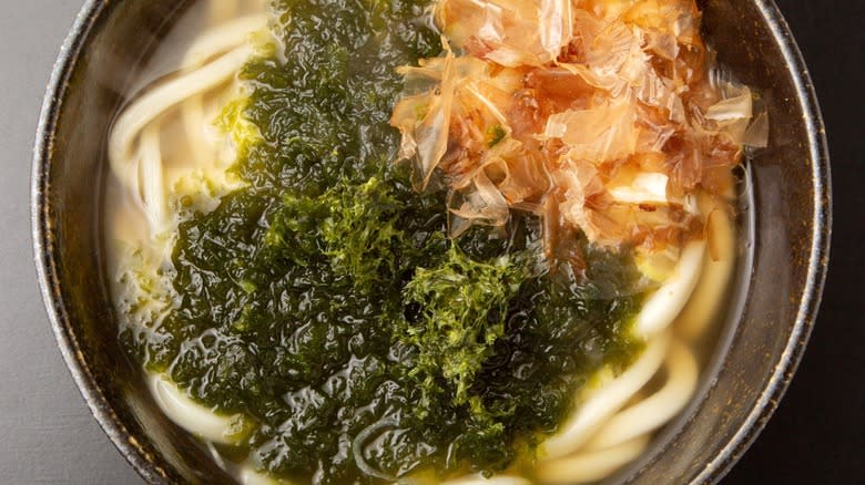 Close-up of sea lettuce in a bowl of ramen