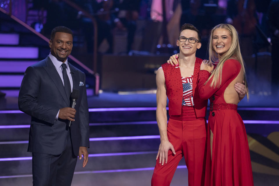 Co-host Alfonso Rieiro with Olympian Stephen Nedoroscik and pro dancer Rylee Arnold. (Disney/Eric McCandless)