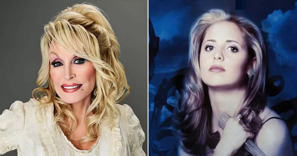 Side by side photos of Dolly Parton and Sarah Michelle Gellar who played Buffy the Vampire Slayer