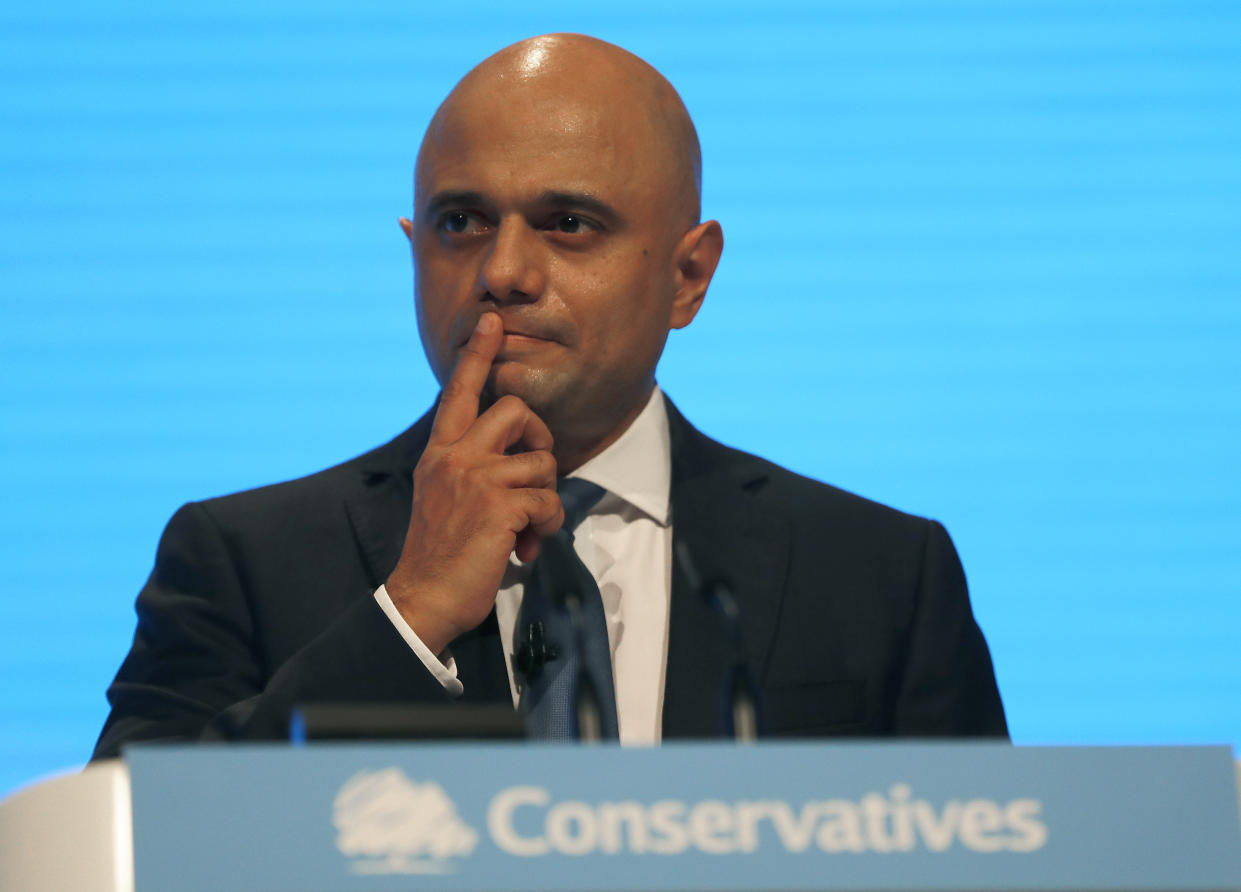 Sajid Javid, Chancellor of the Exchequer, delivers his speech at the Conservative Party Conference in Manchester, England, Monday, Sept. 30, 2019.(AP Photo/Frank Augstein)