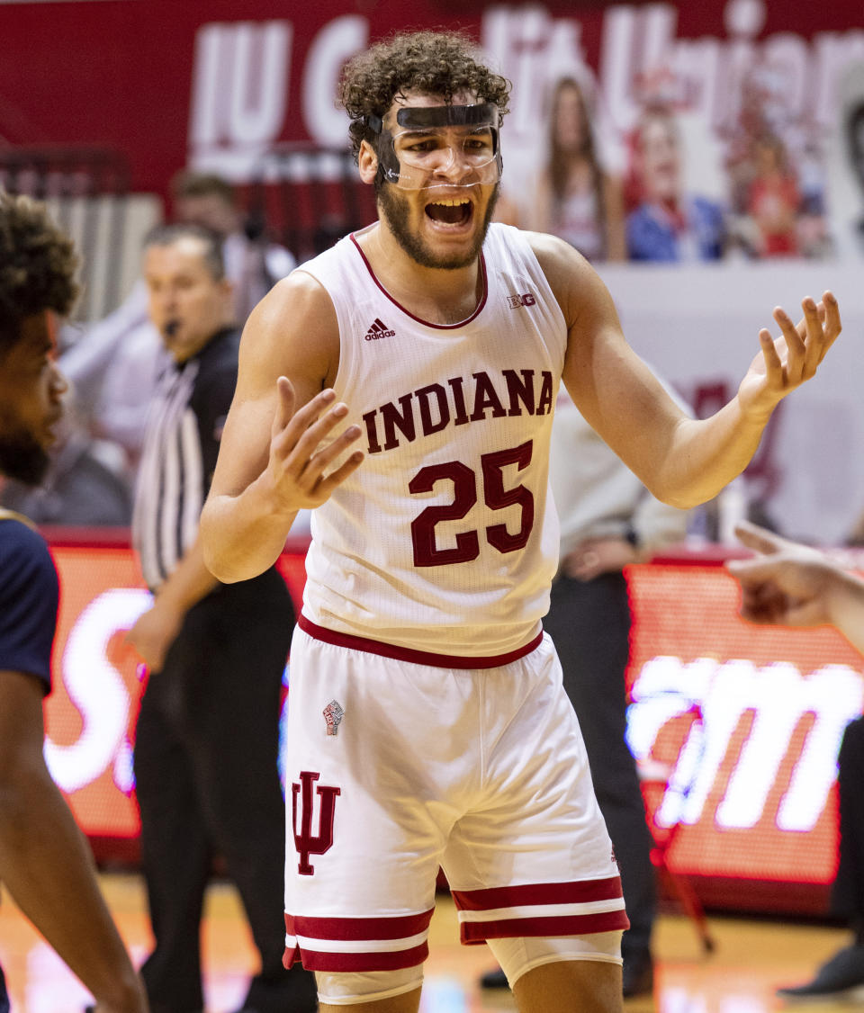 Indiana forward Race Thompson (25) reacts to a call by a game official during the second half of an NCAA college basketball game against Michigan, Saturday, Feb. 27, 2021, in Bloomington, Ind. (AP Photo/Doug McSchooler)