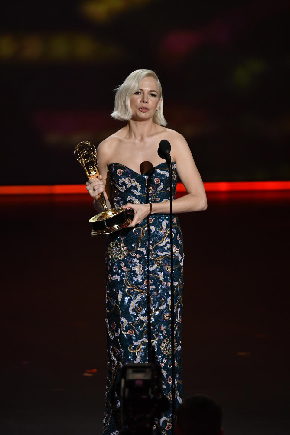 Sep 22, 2019; Los Angeles, CA, USA; Michelle Williams accepts the award for lead actress in a limited series or movie for her role in �Fosse/Verdon� during the 71st Emmy Awards at the Microsoft Theater. Mandatory Credit: Robert Hanashiro-USA TODAY/Sipa USA