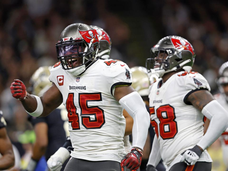 Devin White reacts after a play against the New Orleans Saints.