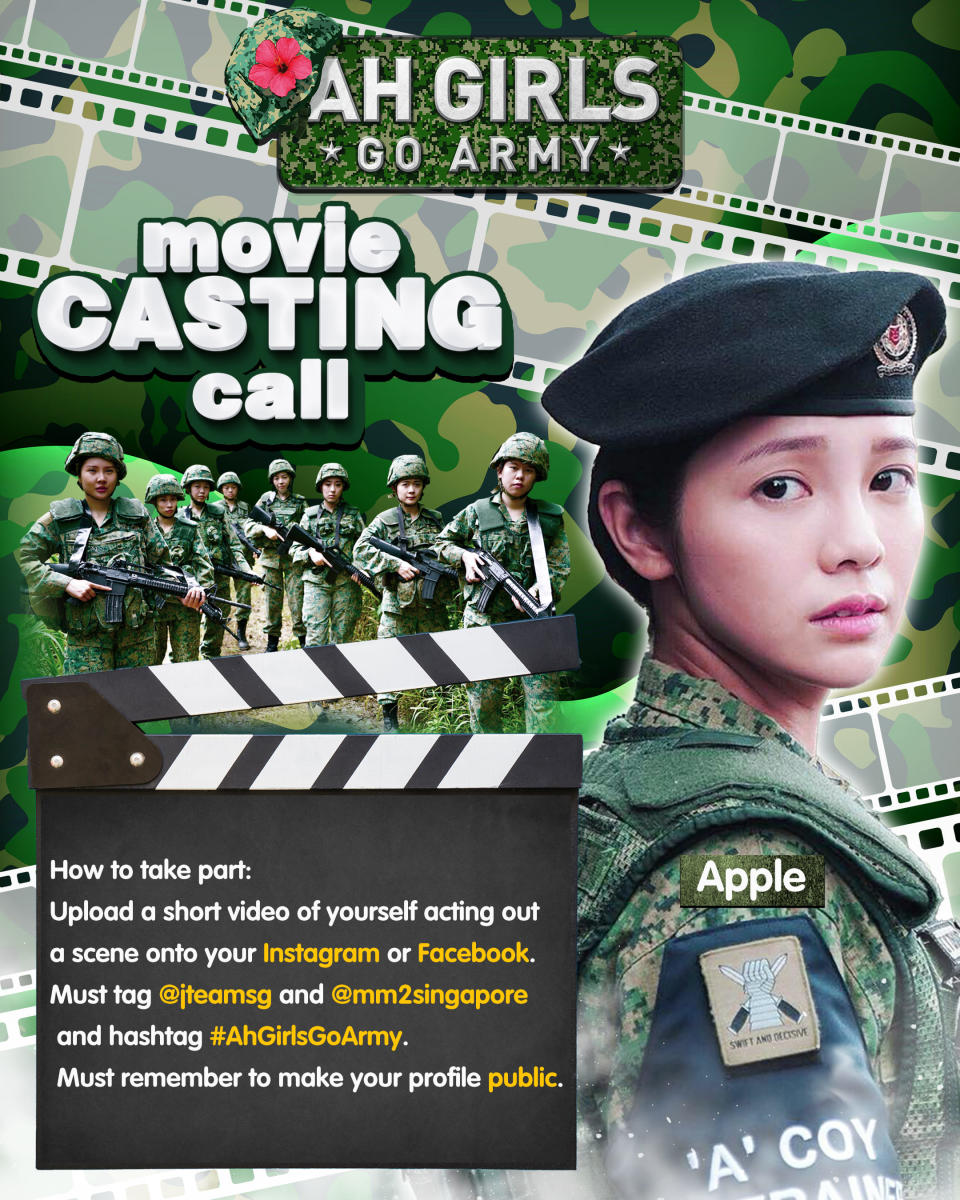 A casting call poster for Singaporean director Jack Neo's film Ah Girls Go Army, slated to be released on 1 February 2022. Apple Chan (pictured) will star in the film, which is expected to shoot in November 2021.