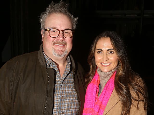 <p>Bruce Glikas/WireImage</p> Eric Stonestreet and Lindsay Schweitzer pose backstage at the musical "Almost Famous" on Broadway in November 2022 in New York City