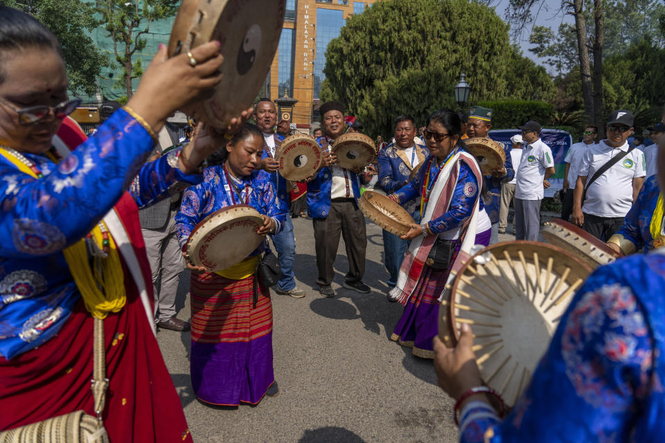 People from the mountaineering community participate in a rally to mark the anniversary of the first ascent of Mount Everest in Kathmandu, Nepal, Wednesday, May 29, 2024. (AP Photo/Niranjan Shrestha)