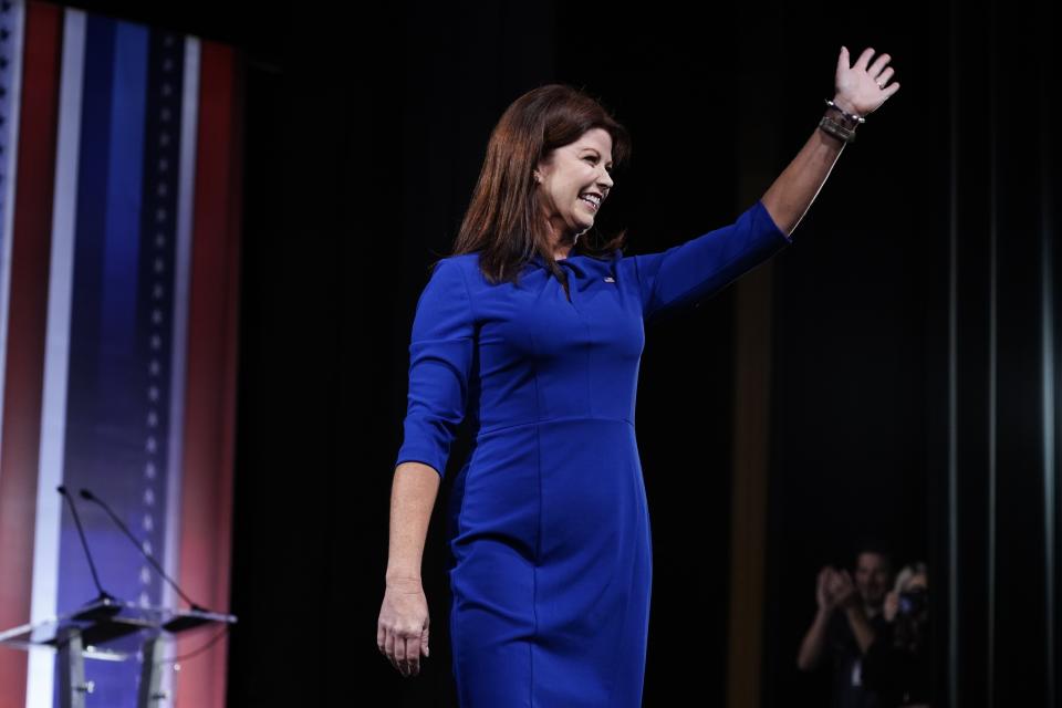 Rebecca Kleefisch is introduced at a televised Wisconsin Republican gubernatorial debate Sunday, July 24, 2022, in Milwaukee. (AP Photo/Morry Gash)