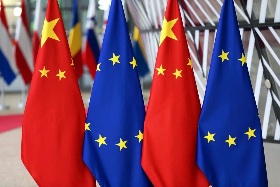 BRUSSELS, BELGIUM - APRIL 9: Flags of China and EU are seen ahead of the EU-China summit at the Europa building in Brussels, Belgium, on April 9, 2019. Dursun Aydemir / Anadolu Agency/ABACAPRESS.COM