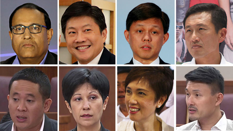 Top row (left to right): S Iswaran, Ng Chee Meng, Chan Chun Sing, Ong Ye Kung. Bottom row (left to right): Amrin Amin, Indranee Rajah, Josephine Teo and Baey Yam Keng. (PHOTOS: Reuters, Getty Images, Yahoo News Singapore file photos, YouTube screengrabs)