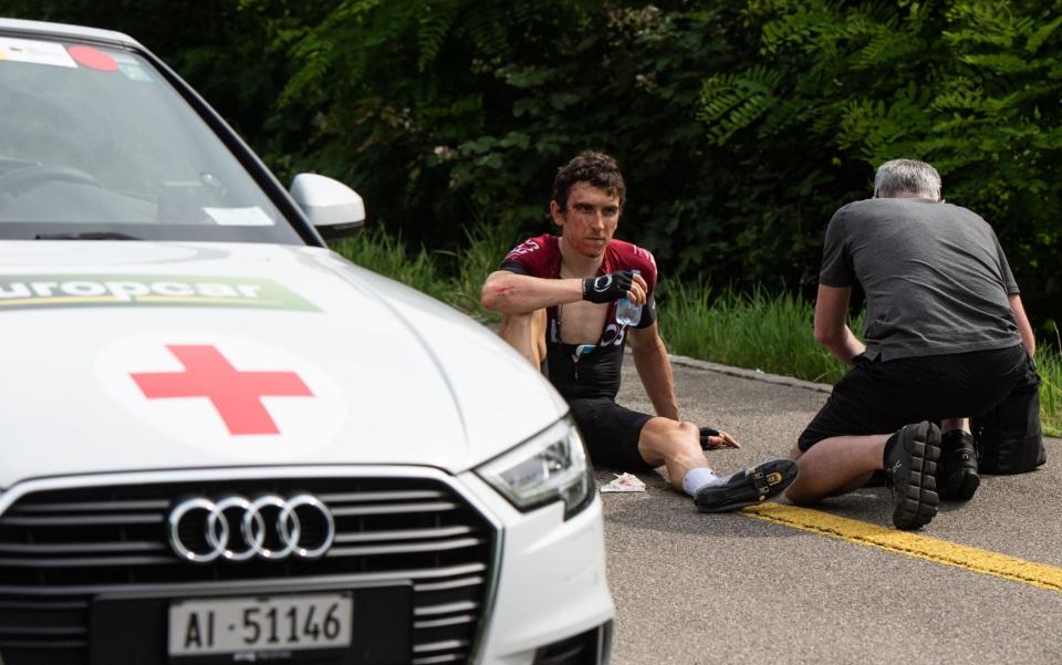 Geraint Thomas is patched up after coming off his bike - REX