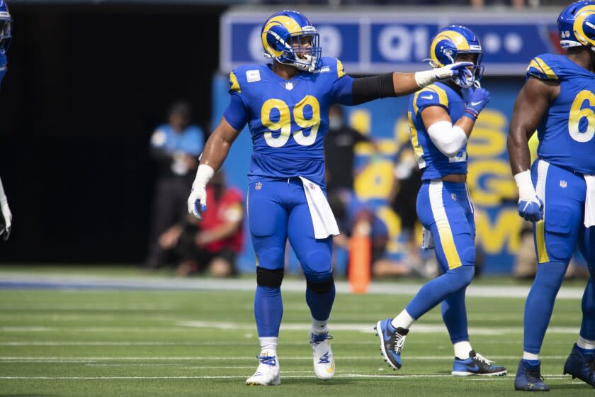 Los Angeles Rams defensive end Aaron Donald (99) at the line of scrimmage playing the Arizona Cardinals.