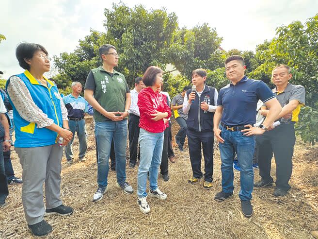 台中市龍眼、荔枝開花率低，農民憂收成大減少於3成。立委顏寬恒（右二）及何欣純（右四）25日邀集相關單位會勘農損情形，要求農業部盡速公告天然災害救助。（潘虹恩攝）