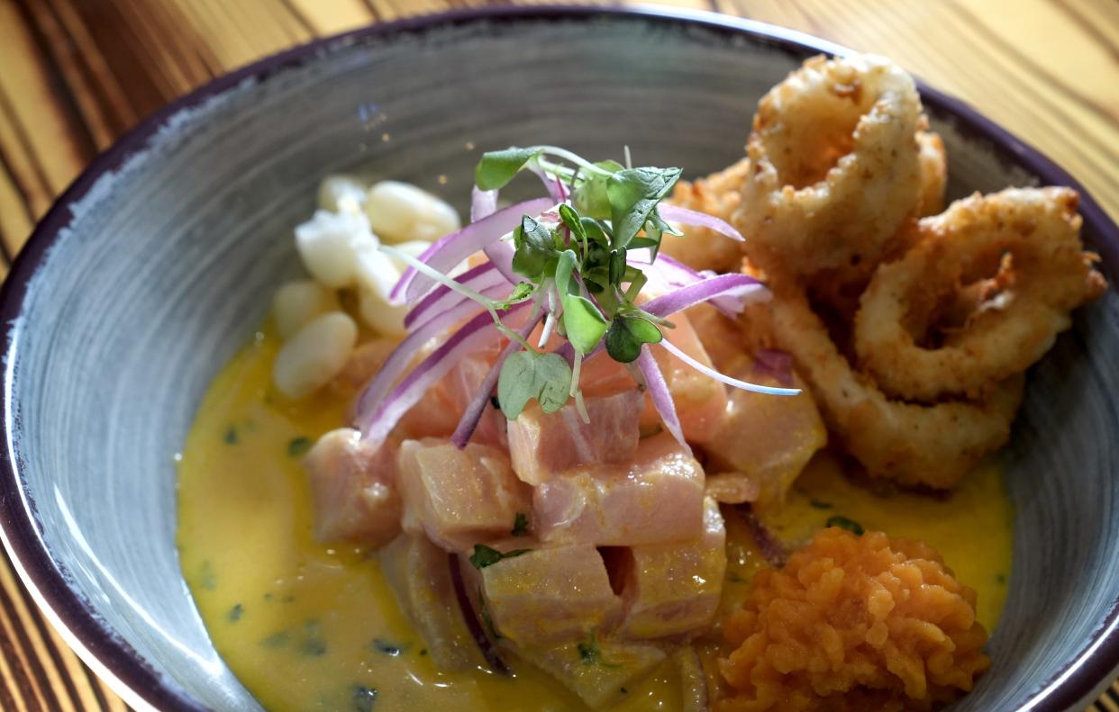 Ceviche de Mercado, a Peruvian dish at Ceviches by Divino, includes calamari as a homage to Rhode Island.
