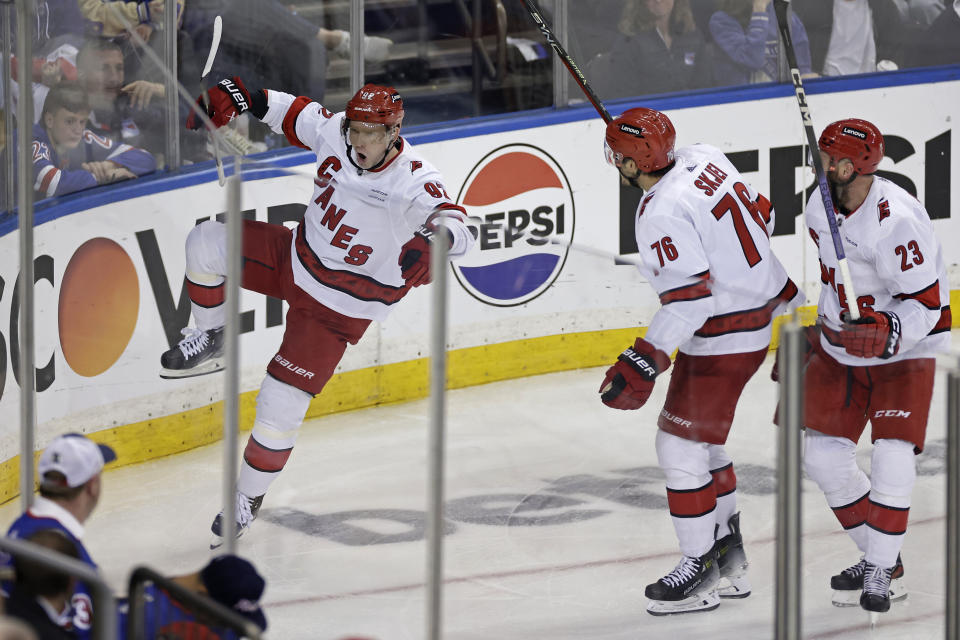 Carolina Hurricanes center Evgeny Kuznetsov (92) reacts after scoring in the third period during Game 5 of an NHL hockey Stanley Cup second-round playoff series against the New York Rangers, Monday, May 13, 2024, in New York. (AP Photo/Adam Hunger)