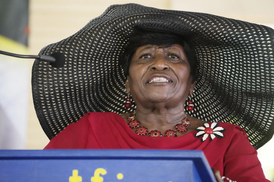 Democrat Addie Lee Green, a candidate for Mississippi's State Treasurer's office in November, addresses the crowd at the Neshoba County Fair in Philadelphia, Miss., Thursday, July 27, 2023. Green is known for her wide-brimmed hats. (AP Photo/Rogelio V. Solis)