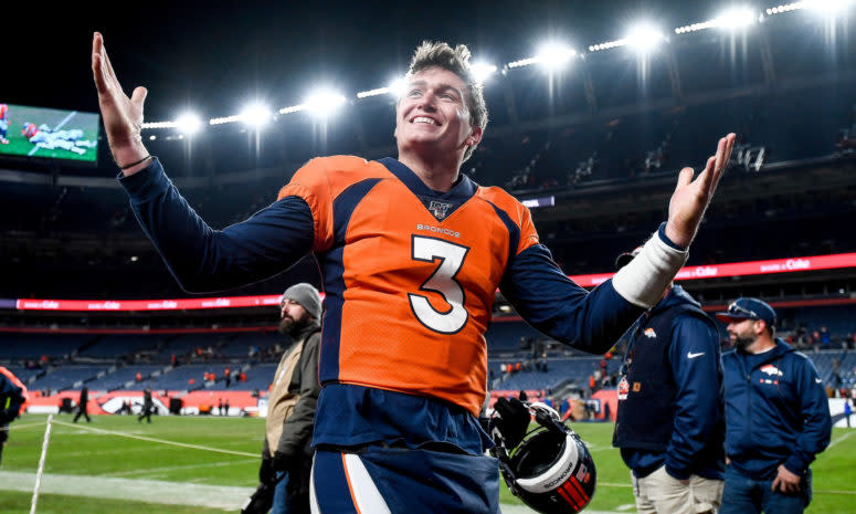 Drew Lock celebrates a win for the Broncos.