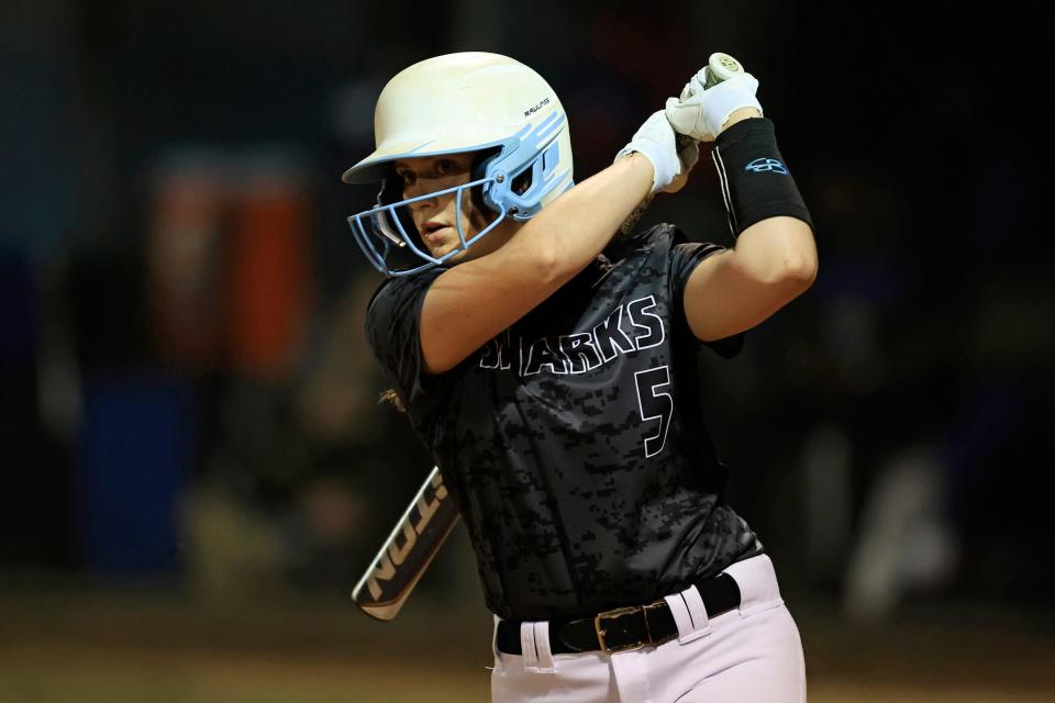 Ponte Vedra's Madeline Prosser (5) takes a practice swing during a game against Palatka Thursday, March 2, 2023 at Ponte Vedra High School.