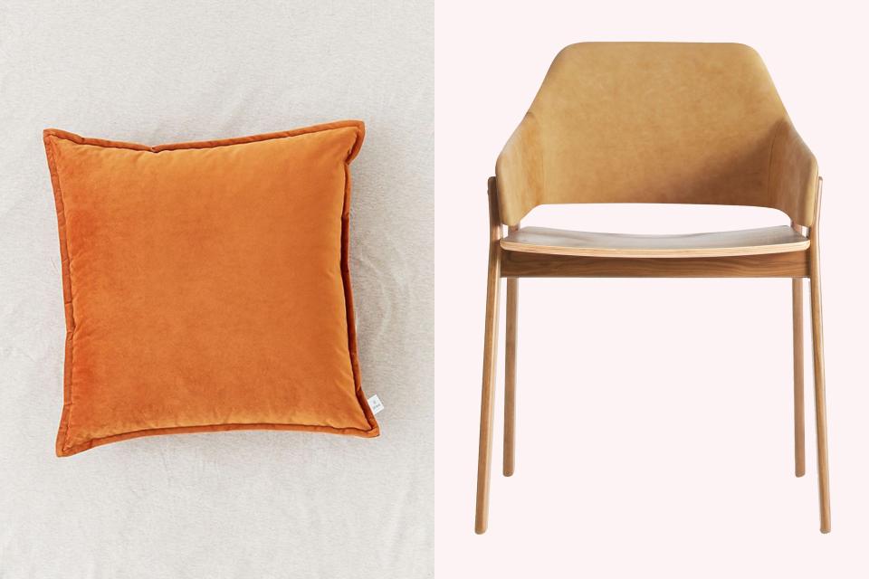 SHOP NOW: Velvet throw pillow in Burnt Orange by Urban Outfitters, $49, urbanoutfitters.com
SHOP NOW: Clutch leather chair in camel leather and white oak by Blu Dot, $499, bludot.com