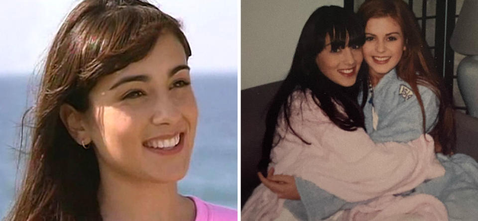 Left: Laura Vazquez as Sarah Thompson on Home and Away in the 1990s, Right: Laura Vazquez and Isla Fisher hug while wearing dressing gowns