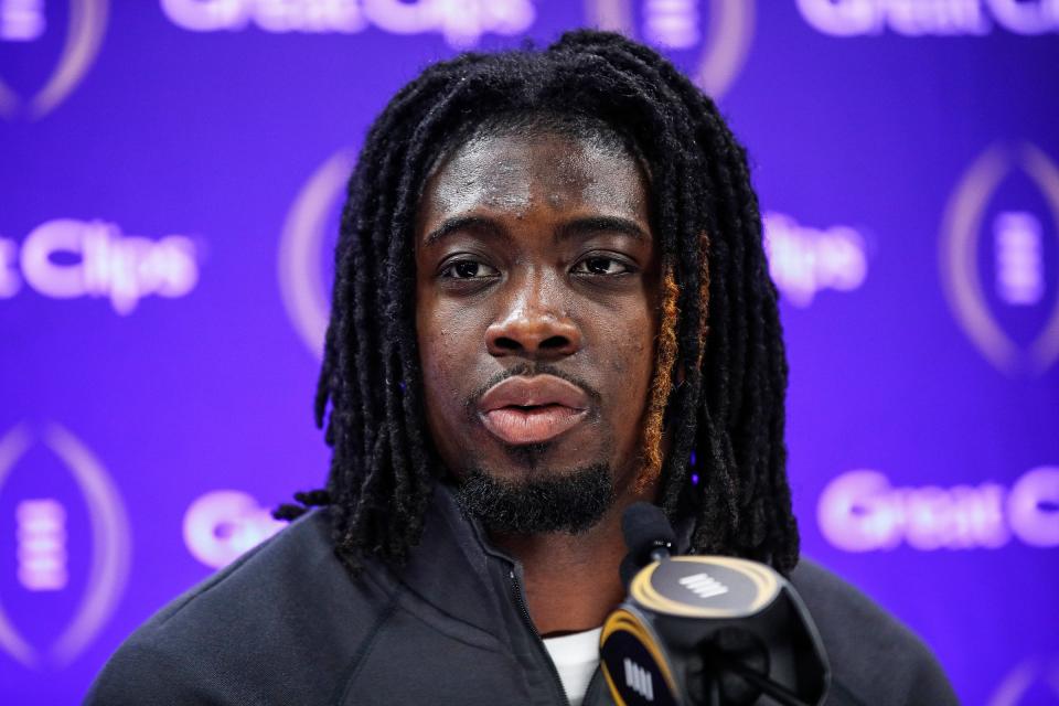 Michigan defensive back Rod Moore speaks during national championship game media day at George R. Brown Convention Center in Houston, Texas on Saturday, Jan. 6, 2024.