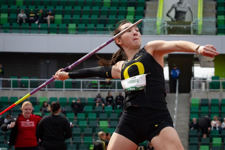 Oregon’s Kohana Nakato competes in the women’s javelin during the Oregon Preview meet at Hayward Field in Eugene, Ore. Saturday, March 18, 2023.