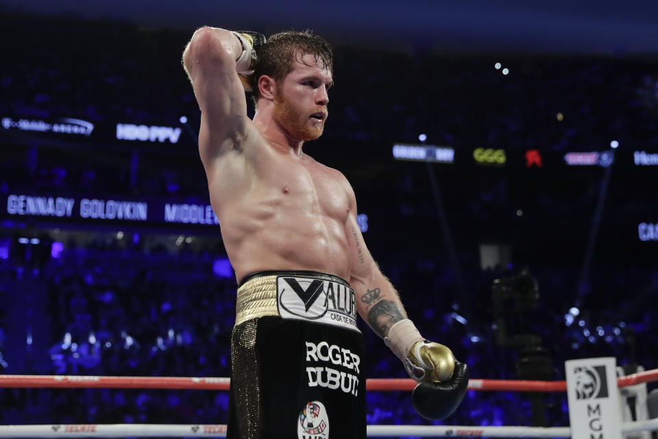 Canelo Alvarez reacts after a middleweight title boxing match against Gennady Golovkin, Saturday, Sept. 15, 2018, in Las Vegas. (AP Photo/Isaac Brekken)